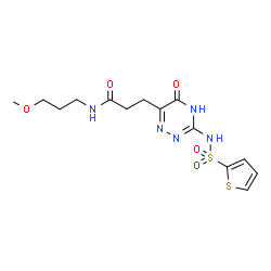 ChemSpider 2D Image | N-(3-Methoxypropyl)-3-{5-oxo-3-[(2-thienylsulfonyl)amino]-4,5-dihydro-1,2,4-triazin-6-yl}propanamide | C14H19N5O5S2