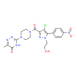 ChemSpider 2D Image | 3-(4-{[4-Chloro-1-(2-hydroxyethyl)-5-(4-nitrophenyl)-1H-pyrazol-3-yl]carbonyl}-1-piperazinyl)-6-methyl-1,2,4-triazin-5(4H)-one | C20H21ClN8O5