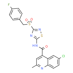 ChemSpider 2D Image | 6-Chloro-N-{3-[(4-fluorobenzyl)sulfonyl]-1,2,4-thiadiazol-5-yl}-2-methyl-4-quinolinecarboxamide | C20H14ClFN4O3S2