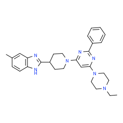 ChemSpider 2D Image | 2-{1-[6-(4-Ethyl-1-piperazinyl)-2-phenyl-4-pyrimidinyl]-4-piperidinyl}-5-methyl-1H-benzimidazole | C29H35N7