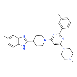 ChemSpider 2D Image | 5-Methyl-2-{1-[2-(3-methylphenyl)-6-(4-methyl-1-piperazinyl)-4-pyrimidinyl]-4-piperidinyl}-1H-benzimidazole | C29H35N7