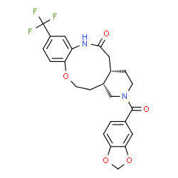ChemSpider 2D Image | (4aS,14aR)-2-(1,3-Benzodioxol-5-ylcarbonyl)-9-(trifluoromethyl)-1,3,4,4a,5,13,14,14a-octahydro-2H-pyrido[3,4-d][1,8]benzoxazecin-6(7H)-one | C24H23F3N2O5