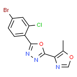 ChemSpider 2D Image | 2-(4-Bromo-2-chlorophenyl)-5-(5-methyl-1,3-oxazol-4-yl)-1,3,4-oxadiazole | C12H7BrClN3O2