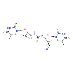 ChemSpider 2D Image | 5'-[({[(2S,3S,5R)-3-(Aminomethyl)-5-(5-methyl-2,4-dioxo-3,4-dihydro-1(2H)-pyrimidinyl)tetrahydro-2-furanyl]oxy}carbonyl)amino]-5'-deoxythymidine | C21H28N6O9