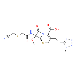 ChemSpider 2D Image | (6S)-7-({[(Cyanomethyl)sulfanyl]acetyl}amino)-7-methoxy-3-{[(1-methyl-1H-tetrazol-5-yl)sulfanyl]methyl}-8-oxo-5-thia-1-azabicyclo[4.2.0]oct-2-ene-2-carboxylic acid | C15H17N7O5S3