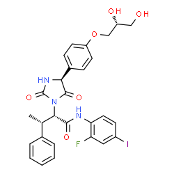 ChemSpider 2D Image | (2S,3S)-2-[(4S)-4-{4-[(2R)-2,3-Dihydroxypropoxy]phenyl}-2,5-dioxo-1-imidazolidinyl]-N-(2-fluoro-4-iodophenyl)-3-phenylbutanamide | C28H27FIN3O6