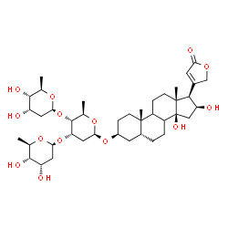 ChemSpider 2D Image | (3beta,5beta,8xi,9xi,16beta)-3-{[2,6-Dideoxy-beta-D-ribo-hexopyranosyl-(1->3)-[2,6-dideoxy-beta-D-ribo-hexopyranosyl-(1->4)]-2,6-dideoxy-beta-D-ribo-hexopyranosyl]oxy}-14,16-dihydroxycard-20(22)-enoli
de | C41H64O14