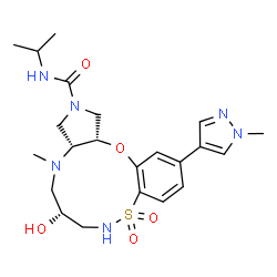 ChemSpider 2D Image | (3aR,6R,14aS)-6-Hydroxy-N-isopropyl-4-methyl-12-(1-methyl-1H-pyrazol-4-yl)-1,3a,4,5,6,7,8,14a-octahydropyrrolo[3,4-g][9,1,2,6]benzoxathiadiazacycloundecine-2(3H)-carboxamide 9,9-dioxide | C22H32N6O5S