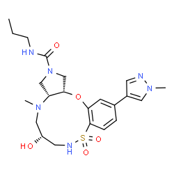 ChemSpider 2D Image | (3aR,6R,14aS)-6-Hydroxy-4-methyl-12-(1-methyl-1H-pyrazol-4-yl)-N-propyl-1,3a,4,5,6,7,8,14a-octahydropyrrolo[3,4-g][9,1,2,6]benzoxathiadiazacycloundecine-2(3H)-carboxamide 9,9-dioxide | C22H32N6O5S