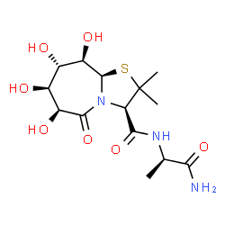 ChemSpider 2D Image | (3R,6S,7S,8S,9R,9aR)-N-[(2R)-1-Amino-1-oxo-2-propanyl]-6,7,8,9-tetrahydroxy-2,2-dimethyl-5-oxooctahydro[1,3]thiazolo[3,2-a]azepine-3-carboxamide | C14H23N3O7S