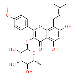 ChemSpider 2D Image | 5,7-Dihydroxy-2-(4-methoxyphenyl)-8-(3-methyl-2-buten-1-yl)-4-oxo-4H-chromen-3-yl 6-deoxy-alpha-D-mannopyranoside | C27H30O10