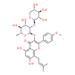 ChemSpider 2D Image | 5,7-Dihydroxy-2-(4-methoxyphenyl)-8-(3-methyl-2-buten-1-yl)-4-oxo-4H-chromen-3-yl 6-deoxy-2-O-beta-L-xylopyranosyl-alpha-D-mannopyranoside | C32H38O14