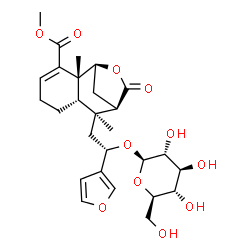 ChemSpider 2D Image | Methyl (1S,2R,7S,8S,9R)-8-[(2S)-2-(3-furyl)-2-(beta-D-glucopyranosyloxy)ethyl]-2,8-dimethyl-10-oxo-11-oxatricyclo[7.2.1.0~2,7~]dodec-3-ene-3-carboxylate | C27H36O11