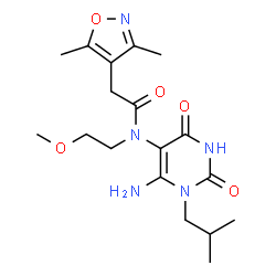 ChemSpider 2D Image | N-(6-Amino-1-isobutyl-2,4-dioxo-1,2,3,4-tetrahydro-5-pyrimidinyl)-2-(3,5-dimethyl-1,2-oxazol-4-yl)-N-(2-methoxyethyl)acetamide | C18H27N5O5