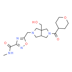 ChemSpider 2D Image | 5-{[3a-(Hydroxymethyl)-5-(tetrahydro-2H-pyran-4-ylcarbonyl)hexahydropyrrolo[3,4-c]pyrrol-2(1H)-yl]methyl}-N-methyl-1,2,4-oxadiazole-3-carboxamide | C18H27N5O5