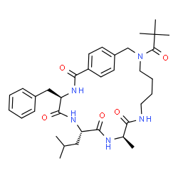 ChemSpider 2D Image | (4R,7S,10R)-4-Benzyl-17-(2,2-dimethylpropanoyl)-7-isobutyl-10-methyl-3,6,9,12,17-pentaazabicyclo[17.2.2]tricosa-1(21),19,22-triene-2,5,8,11-tetrone | C35H49N5O5