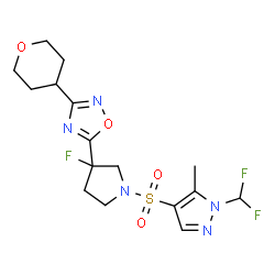 ChemSpider 2D Image | 5-(1-{[1-(Difluoromethyl)-5-methyl-1H-pyrazol-4-yl]sulfonyl}-3-fluoro-3-pyrrolidinyl)-3-(tetrahydro-2H-pyran-4-yl)-1,2,4-oxadiazole | C16H20F3N5O4S