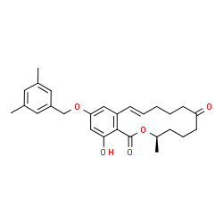 ChemSpider 2D Image | (3R,11E)-14-[(3,5-Dimethylbenzyl)oxy]-16-hydroxy-3-methyl-3,4,5,6,9,10-hexahydro-1H-2-benzoxacyclotetradecine-1,7(8H)-dione | C27H32O5