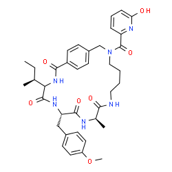 ChemSpider 2D Image | (7S,10R)-4-[(2S)-2-Butanyl]-17-[(6-hydroxy-2-pyridinyl)carbonyl]-7-(4-methoxybenzyl)-10-methyl-3,6,9,12,17-pentaazabicyclo[17.2.2]tricosa-1(21),19,22-triene-2,5,8,11-tetrone | C37H46N6O7