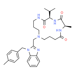 ChemSpider 2D Image | (2R,5R)-5-Isopropyl-2-methyl-11-{[1-(4-methylbenzyl)-1H-benzimidazol-2-yl]methyl}-1,4,7,11-tetraazacyclopentadecane-3,6,15-trione | C31H42N6O3
