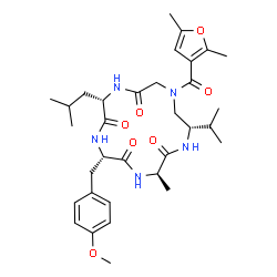 ChemSpider 2D Image | (3R,6S,9S,15S)-13-(2,5-Dimethyl-3-furoyl)-9-isobutyl-15-isopropyl-6-(4-methoxybenzyl)-3-methyl-1,4,7,10,13-pentaazacyclopentadecane-2,5,8,11-tetrone | C33H47N5O7