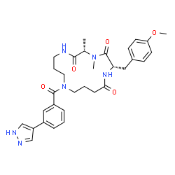 ChemSpider 2D Image | (2S,5S)-2-(4-Methoxybenzyl)-4,5-dimethyl-11-[3-(1H-pyrazol-4-yl)benzoyl]-1,4,7,11-tetraazacyclopentadecane-3,6,15-trione | C31H38N6O5