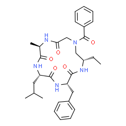 ChemSpider 2D Image | (3S,6S,9R,15S)-13-Benzoyl-3-benzyl-15-ethyl-6-isobutyl-9-methyl-1,4,7,10,13-pentaazacyclopentadecane-2,5,8,11-tetrone | C31H41N5O5