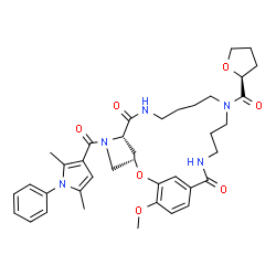 ChemSpider 2D Image | (3S,6S)-5-[(2,5-Dimethyl-1-phenyl-1H-pyrrol-3-yl)carbonyl]-22-methoxy-13-[(2S)-tetrahydro-2-furanylcarbonyl]-2-oxa-5,8,13,17-tetraazatricyclo[17.3.1.1~3,6~]tetracosa-1(23),19,21-triene-7,18-dione | C38H47N5O7