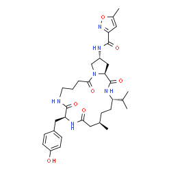 ChemSpider 2D Image | N-[(3S,6R,10S,19R,20aS)-10-(4-Hydroxybenzyl)-3-isopropyl-6-methyl-1,8,11,16-tetraoxoicosahydropyrrolo[2,1-c][1,4,9,12]tetraazacyclooctadecin-19-yl]-5-methyl-1,2-oxazole-3-carboxamide | C33H46N6O7
