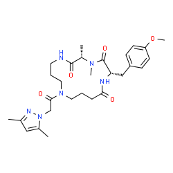 ChemSpider 2D Image | (2S,5S)-11-[(3,5-Dimethyl-1H-pyrazol-1-yl)acetyl]-2-(4-methoxybenzyl)-4,5-dimethyl-1,4,7,11-tetraazacyclopentadecane-3,6,15-trione | C28H40N6O5