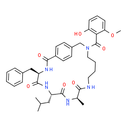 ChemSpider 2D Image | (4R,7S,10R)-4-Benzyl-17-(2-hydroxy-6-methoxybenzoyl)-7-isobutyl-10-methyl-3,6,9,12,17-pentaazabicyclo[17.2.2]tricosa-1(21),19,22-triene-2,5,8,11-tetrone | C38H47N5O7