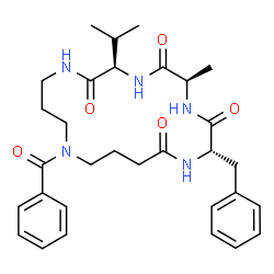 ChemSpider 2D Image | (2S,5R,8R)-14-Benzoyl-2-benzyl-8-isopropyl-5-methyl-1,4,7,10,14-pentaazacyclooctadecane-3,6,9,18-tetrone | C31H41N5O5