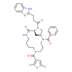ChemSpider 2D Image | (1S,13S)-14-[3-(1H-Benzimidazol-2-yl)propanoyl]-2-benzoyl-6-(2,5-dimethyl-3-furoyl)-2,6,11,14-tetraazabicyclo[11.2.1]hexadecan-12-one | C36H42N6O5
