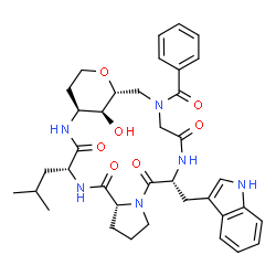ChemSpider 2D Image | (1S,4R,7R,13R,19R,23S)-17-Benzoyl-23-hydroxy-13-(1H-indol-3-ylmethyl)-4-isobutyl-20-oxa-2,5,11,14,17-pentaazatricyclo[17.3.1.0~7,11~]tricosane-3,6,12,15-tetrone | C37H46N6O7