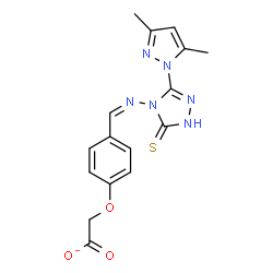 ChemSpider 2D Image | {4-[(Z)-{[3-(3,5-Dimethyl-1H-pyrazol-1-yl)-5-thioxo-1,5-dihydro-4H-1,2,4-triazol-4-yl]imino}methyl]phenoxy}acetate | C16H15N6O3S