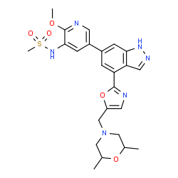 ChemSpider 2D Image | N-[5-(4-{5-[(2,6-Dimethyl-4-morpholinyl)methyl]-1,3-oxazol-2-yl}-1H-indazol-6-yl)-2-methoxy-3-pyridinyl]methanesulfonamide | C24H28N6O5S