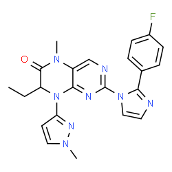 ChemSpider 2D Image | 7-Ethyl-2-[2-(4-fluorophenyl)-1H-imidazol-1-yl]-5-methyl-8-(1-methyl-1H-pyrazol-3-yl)-7,8-dihydro-6(5H)-pteridinone | C22H21FN8O