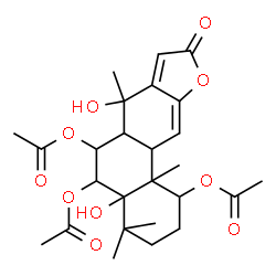 ChemSpider 2D Image | 4a,7-Dihydroxy-4,4,7,11b-tetramethyl-9-oxo-1,2,3,4,4a,5,6,6a,7,9,11a,11b-dodecahydrophenanthro[3,2-b]furan-1,5,6-triyl triacetate | C26H34O10
