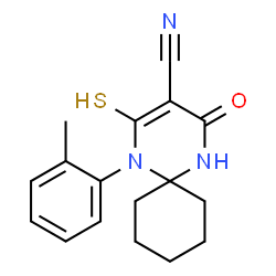 ChemSpider 2D Image | 1-(2-Methylphenyl)-4-oxo-2-sulfanyl-1,5-diazaspiro[5.5]undec-2-ene-3-carbonitrile | C17H19N3OS