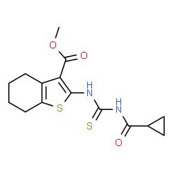 ChemSpider 2D Image | Methyl 2-{[(cyclopropylcarbonyl)carbamothioyl]amino}-4,5,6,7-tetrahydro-1-benzothiophene-3-carboxylate | C15H18N2O3S2