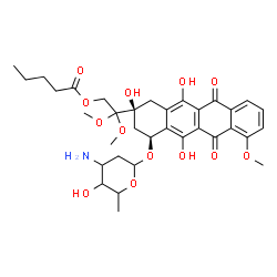 ChemSpider 2D Image | 2-{(2S,4S)-4-[(3-Amino-2,3,6-trideoxyhexopyranosyl)oxy]-2,5,12-trihydroxy-7-methoxy-6,11-dioxo-1,2,3,4,6,11-hexahydro-2-tetracenyl}-2,2-dimethoxyethyl valerate | C34H43NO13