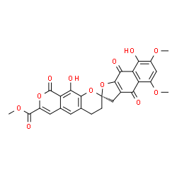 ChemSpider 2D Image | Methyl (2R)-8,10'-dihydroxy-5,7-dimethoxy-4,9,9'-trioxo-4,4',9,9'-tetrahydro-3H,3'H-spiro[naphtho[2,3-b]furan-2,2'-pyrano[4,3-g]chromene]-7'-carboxylate | C27H20O12