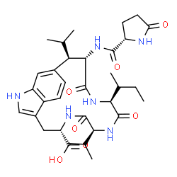 ChemSpider 2D Image | (6S,9S,12S,15S,16R)-12-[(2R)-2-Butanyl]-9,16-diisopropyl-8,11,14-trioxo-15-[(5-oxo-L-prolyl)amino]-2,7,10,13-tetraazatricyclo[15.3.1.0~4,20~]henicosa-1(21),3,17,19-tetraene-6-carboxylic acid | C33H46N6O7