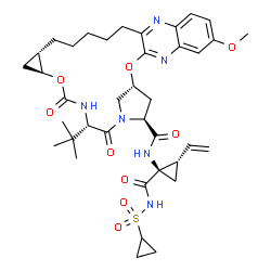 ChemSpider 2D Image | (1R,18S,20S,24S,27S)-N-{(1R,2S)-1-[(Cyclopropylsulfonyl)carbamoyl]-2-vinylcyclopropyl}-7-methoxy-24-(2-methyl-2-propanyl)-22,25-dioxo-2,21-dioxa-4,11,23,26-tetraazapentacyclo[24.2.1.0~3,12~.0~5,10~.0~
18,20~]nonacosa-3,5,7,9,11-pentaene-27-carboxamide | C38H50N6O9S