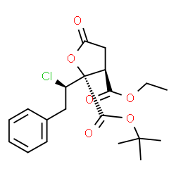ChemSpider 2D Image | 3-Ethyl 2-(2-methyl-2-propanyl) (2R,3R)-2-[(1R)-1-chloro-2-phenylethyl]-5-oxotetrahydro-2,3-furandicarboxylate (non-preferred name) | C20H25ClO6