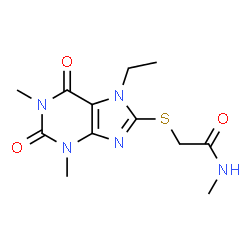 ChemSpider 2D Image | 2-[(7-Ethyl-1,3-dimethyl-2,6-dioxo-2,3,6,7-tetrahydro-1H-purin-8-yl)sulfanyl]-N-methylacetamide | C12H17N5O3S