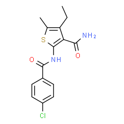 ChemSpider 2D Image | 2-[(4-Chlorobenzoyl)amino]-4-ethyl-5-methyl-3-thiophenecarboxamide | C15H15ClN2O2S