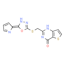 ChemSpider 2D Image | 2-({[(5Z)-5-(2H-Pyrrol-2-ylidene)-4,5-dihydro-1,3,4-oxadiazol-2-yl]sulfanyl}methyl)thieno[3,2-d]pyrimidin-4(1H)-one | C13H9N5O2S2