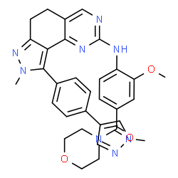 ChemSpider 2D Image | [3-Methoxy-4-({8-methyl-9-[4-(1-methyl-1H-pyrazol-4-yl)phenyl]-6,8-dihydro-5H-pyrazolo[3,4-h]quinazolin-2-yl}amino)phenyl](4-morpholinyl)methanone | C32H32N8O3