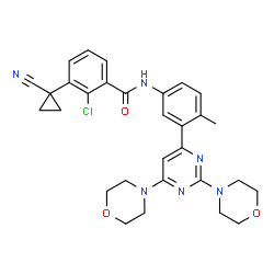 ChemSpider 2D Image | 2-Chloro-3-(1-cyanocyclopropyl)-N-{3-[2,6-di(4-morpholinyl)-4-pyrimidinyl]-4-methylphenyl}benzamide | C30H31ClN6O3